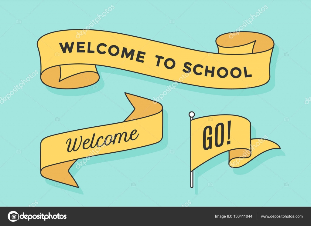 Set di ban re del nastro e ban ra con scritta Benvenuto a scuola vai e benvenuto Elemento di disegno disegnato di mano retr² per banner pubblicit 
