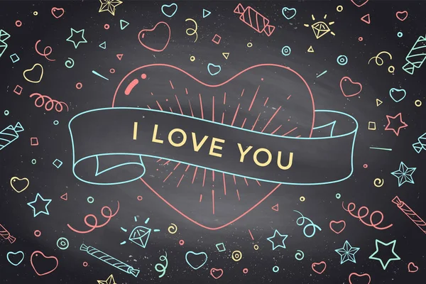 Винтажная лента с посланием Я люблю тебя и красное сердце — стоковый вектор