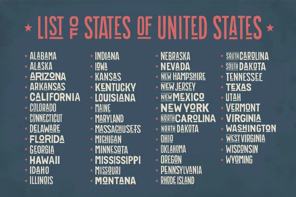 Lijst van Staten van VS — Stockvector
