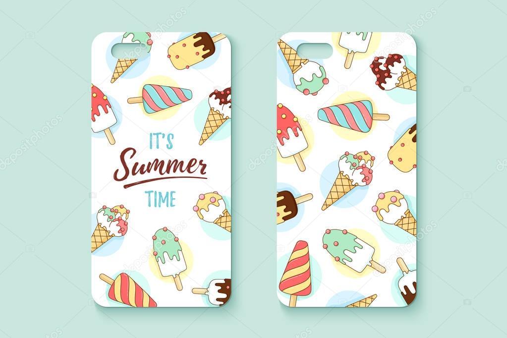 Template of phone case with icecreams and text 