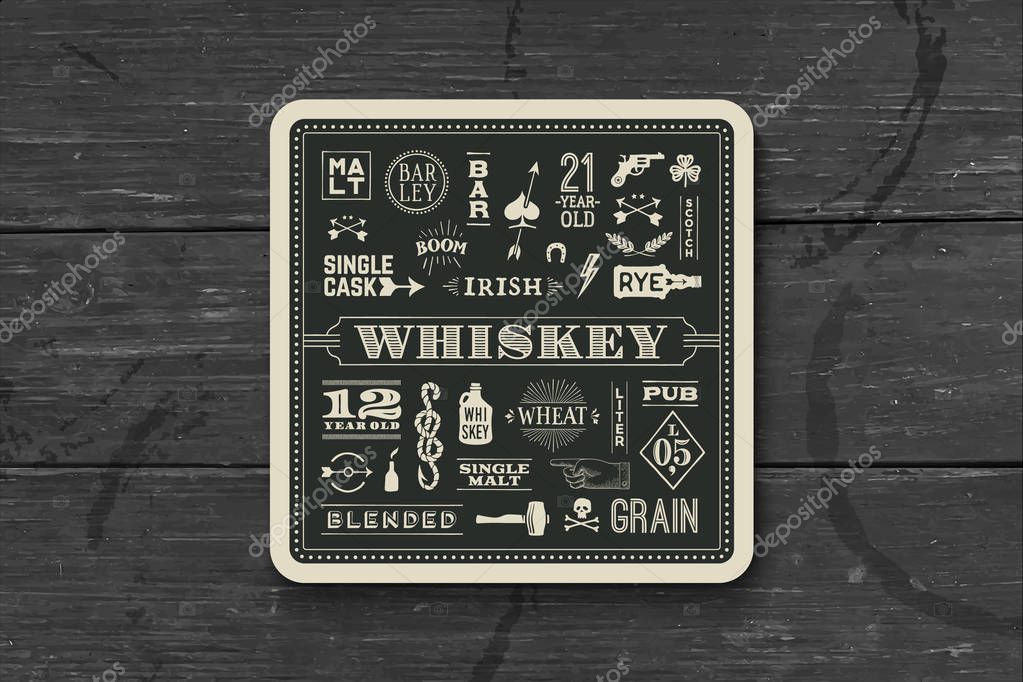 Coaster for whiskey and alcoholic beverages. Vintage drawing for bar, pub and whiskey themes. Black and white square for placing whiskey glass over it with lettering, drawings. Vector Illustration