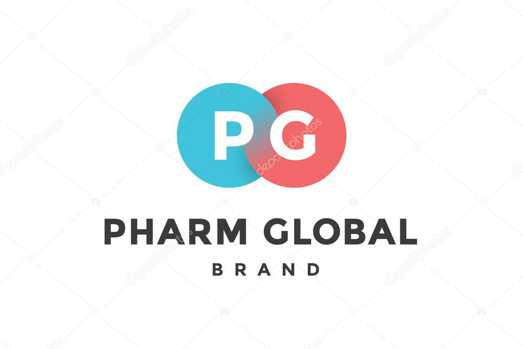 Emblem of business company with two circle, letter P, G, text Pharm. Logo template of two merged circles for brand. Logo, signs, labels, identity, badges for business brands. Vector Illustration