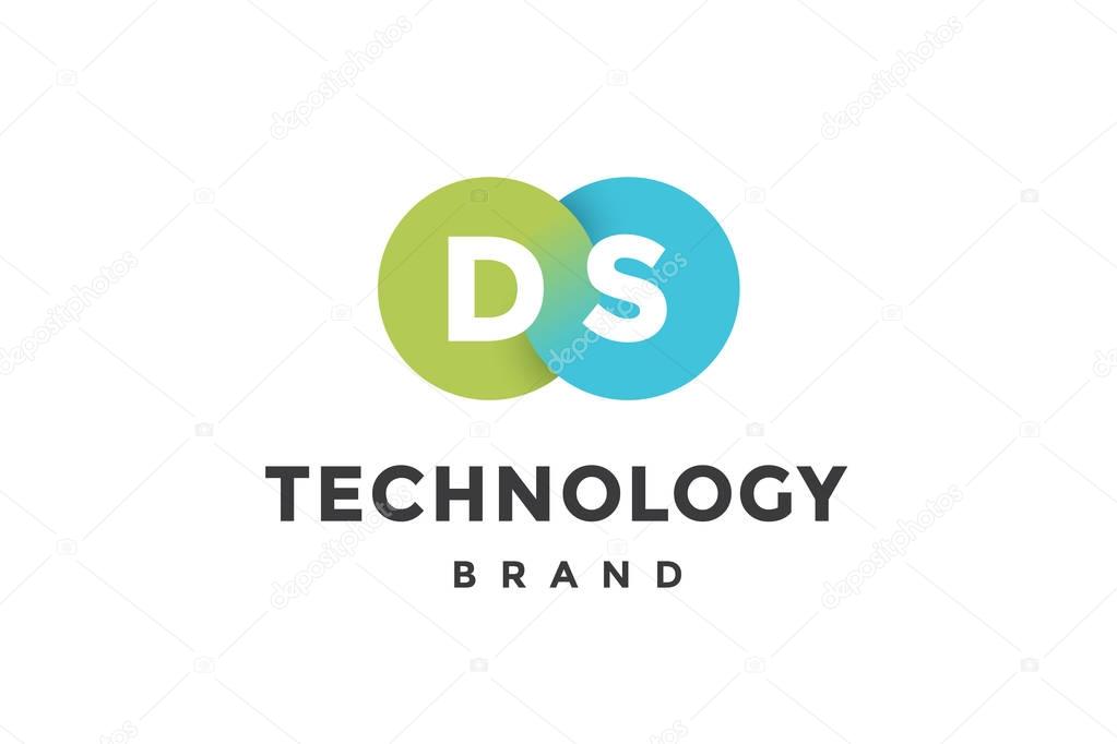 Emblem of business company with two circle, letter D, S, text Technology. Logo template of two merged circles for brand. Logo, signs, labels, identity, badges for business brands. Vector Illustration
