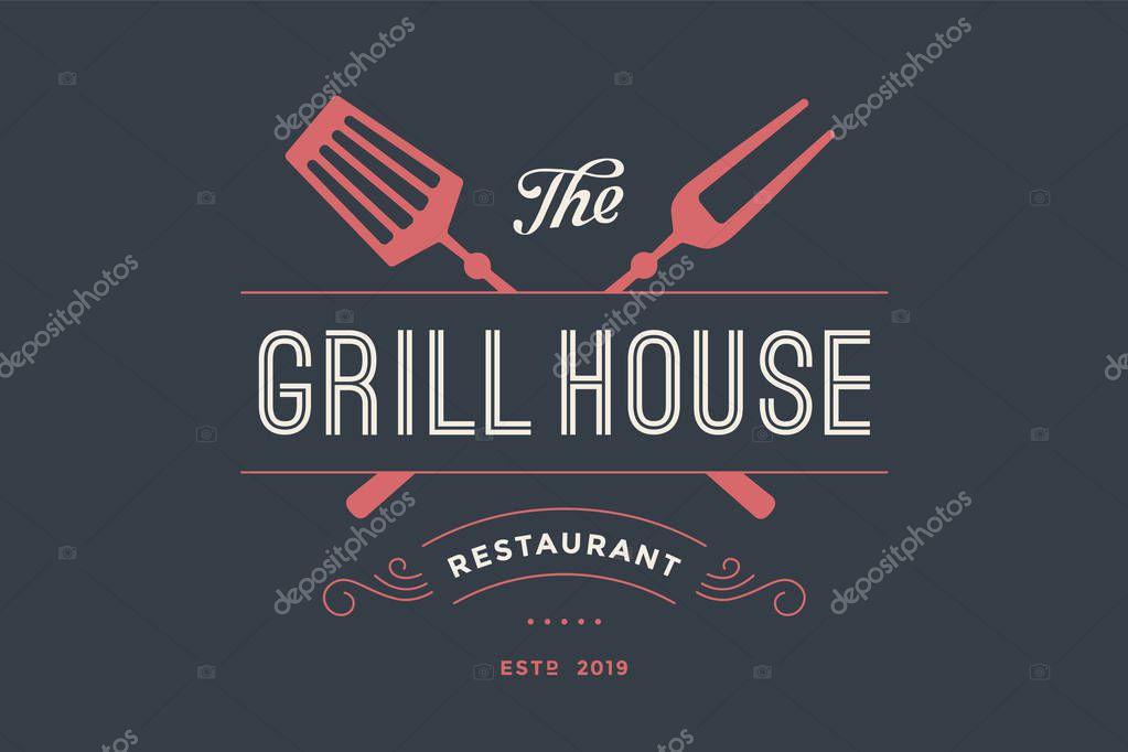 Logo of Grill House restaurant with grill fork, text Grill House, Restaurant. Graphic template for meat business - restaurant, bar, cafe, food court, design - menu, poster, label. Vector Illustration