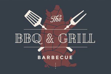 Barbekü ızgara et Restaurant metin Barbekü, ızgara, Barbekü Izgara semboller, logo şablonu. Marka et iş veya tasarım - menü, poster, afiş, etiket grafik şablonu. Vektör çizim