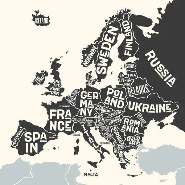 ヨーロッパ地図ヨーロッパの国の名前を持つポスターマップ ヨーロッパの印刷地図ビジネス 地理学のテーマについてのウェブと多言語のためのマップ ベクターイラスト — ストックベクタ