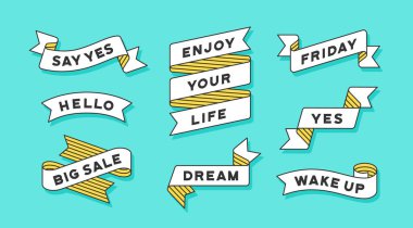 Kurdele Bayrağı. Yazılı beyaz kurdele pankartı seti, cümle. Renklendirilmiş eski moda siluet kurdele, metin, cümle. Tasarım iletisi için grafiksel ögeler. Vektör İllüstrasyonu