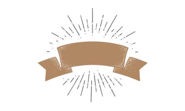 Bayrak. Eski moda kurdele bayrağı, yazı için afiş şablonu. Doğrusal ışık ışınları, güneş ışınları ve güneş ışınlarıyla klasik tarzda kurdele bayrağı. El çizimi tasarım elemanı. Vektör İllüstrasyonu