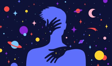 Modern düz karakter. Kadın elleri, hayal dünyası geçmişi olan bir erkeğin siluetini kucaklıyor. Evrenin yıldızlı gecesine sahip genç bir adamın basit karakteri. Düz renk grafikli kavram. Vektör illüstrasyonu