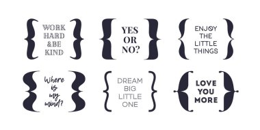 Parantez, diş teli, parantez. Alıntı içeren kıvrımlı parantez tipografi seti. Mesajlar için noktalama işareti şekilleri. Klasik kıvırcık telli tipografi sembolleri, metin çerçevesi. Vektör İllüstrasyonu