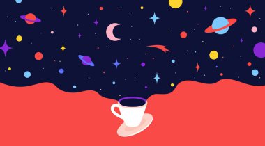 Kâinat hayalleri olan kahve fincanı. Modern düz çizim. Kafe, restoran, menü, kahve rüyası teması. Renkli çağdaş sanat tarzı. Vektör İllüstrasyonu