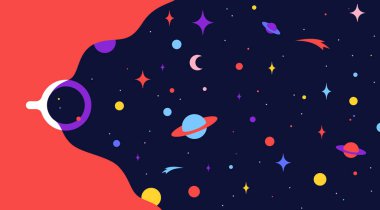 Kâinat hayalleri olan kahve fincanı. Modern düz çizim. Kafe, restoran, menü, kahve rüyası teması. Renkli çağdaş sanat tarzı. Vektör İllüstrasyonu