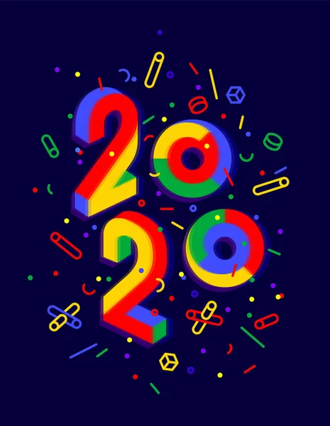 2020年 あけましておめでとうございます 碑文付きグリーティングカードハッピーニューイヤー2020 ハッピーニューイヤー2020やメリークリスマスのための幾何学的なメンフィス明るいスタイル 休日の背景 ポスター ベクターイラスト — ストックベクタ