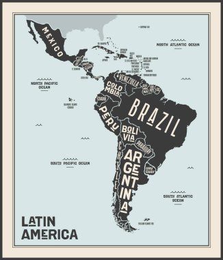 Latin Amerika haritası. Latin Amerika 'nın poster haritası. Latin Amerika 'nın tişört, poster ya da coğrafi temalar için siyah-beyaz haritası. Ülkelerle el çizimi grafik haritası. Vektör İllüstrasyonu