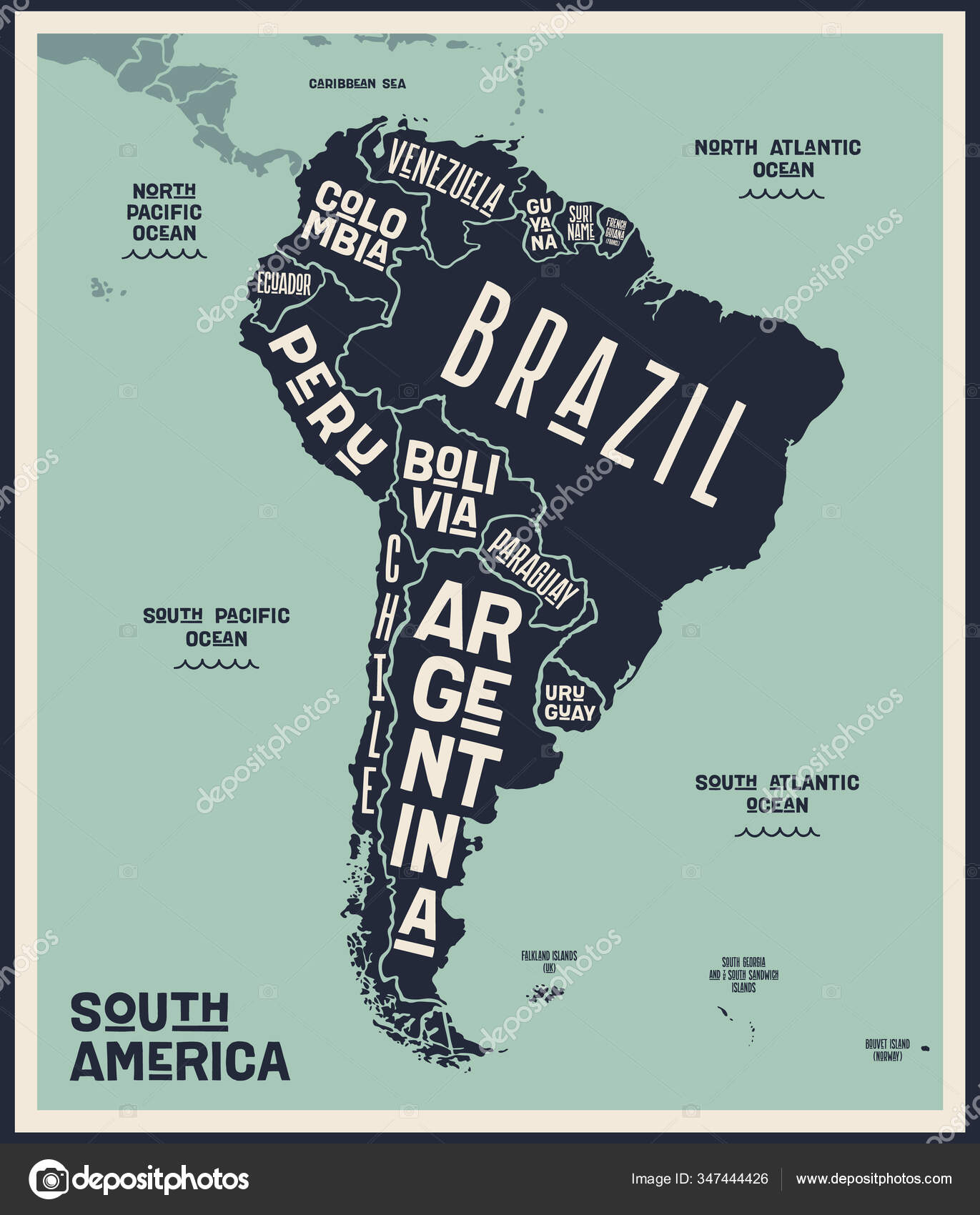 Mapa America Sul Mapa Cartazes America Sul Mapa Impressao Preto Imagem Vetorial De C Foxysgraphic 347444426