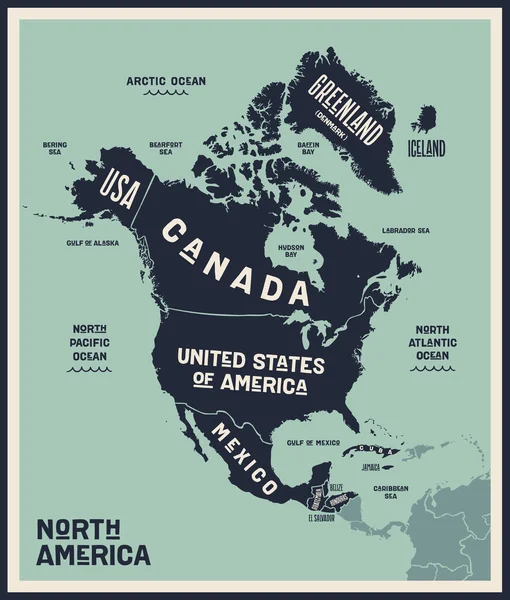 Χάρτης Βόρεια Αμερική Χάρτης Αφίσας Της Βόρειας Αμερικής Ασπρόμαυρη Εκτύπωση — Διανυσματικό Αρχείο