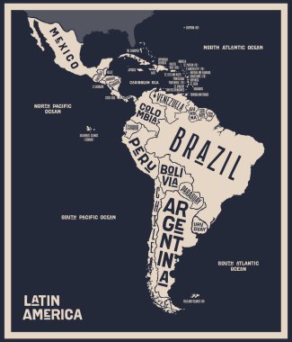 Latin Amerika haritası. Latin Amerika 'nın poster haritası. Latin Amerika 'nın tişört, poster ya da coğrafi temalar için siyah-beyaz haritası. Ülkelerle el çizimi grafik haritası. Vektör İllüstrasyonu