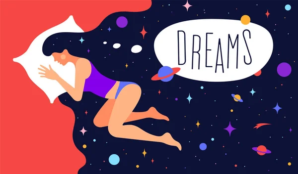 Carácter Plano Moderno Mujer Con Universo Sueños Carácter Simple Mujer — Vector de stock