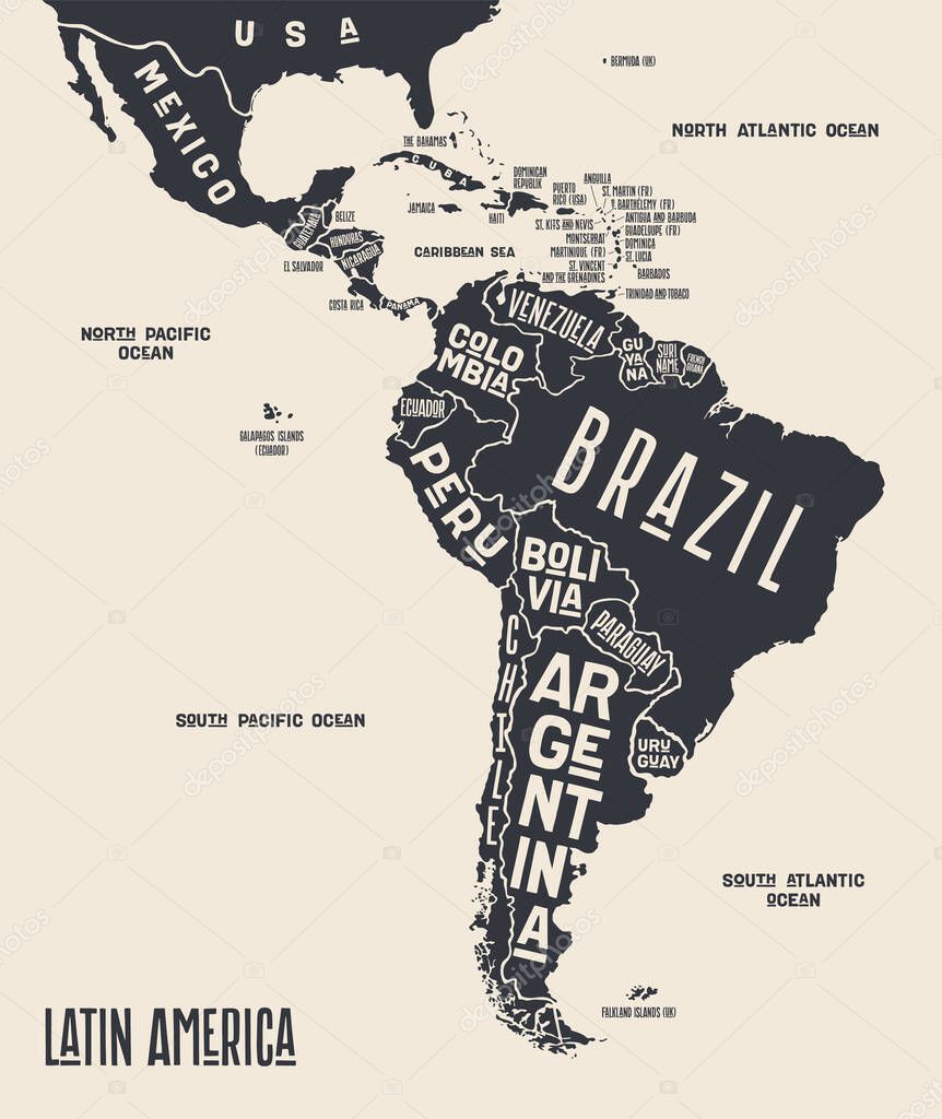 Map Latin America. Poster map of Latin America. Black and white print map of Latin America for t-shirt, poster or geographic themes. Hand-drawn graphic map with countries. Vector Illustration