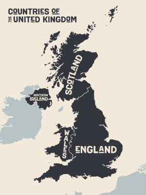 Birleşik Krallık haritası. Birleşik Krallık 'ın poster haritası. Birleşik Krallık 'ın siyah beyaz baskı haritası. Tişört, poster, baskı için. Ülkelerle el çizimi grafik haritası. Vektör İllüstrasyonu