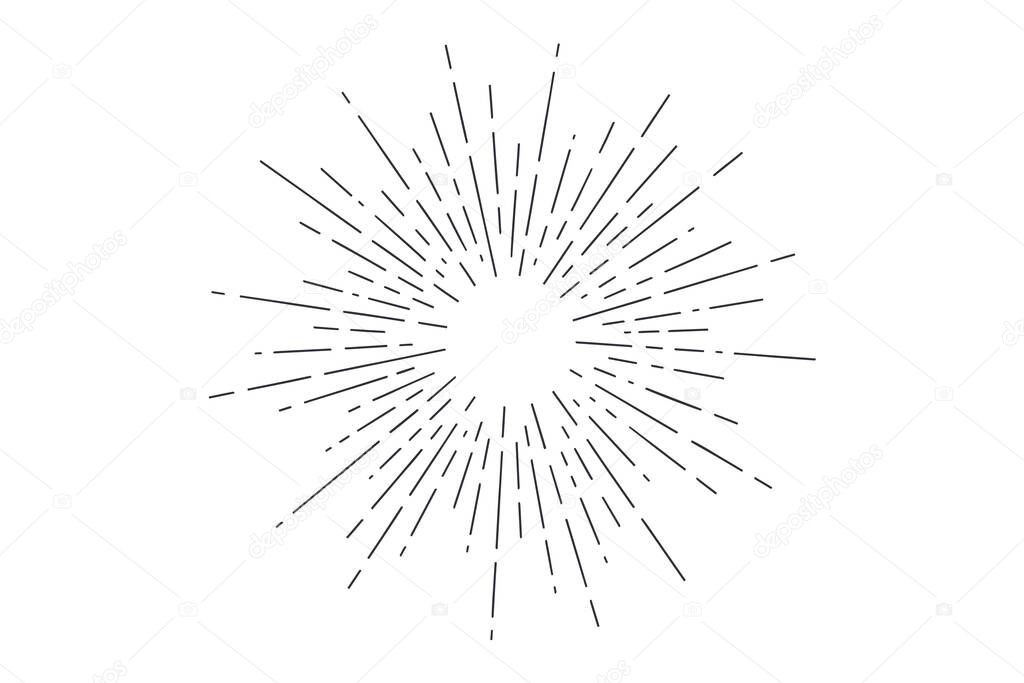 Sunburst. Light rays, sunburst and rays of sun. Hand drawn black and white design elements, linear drawing, vintage hipster style on white background. Light rays sunburst. Vector Illustration