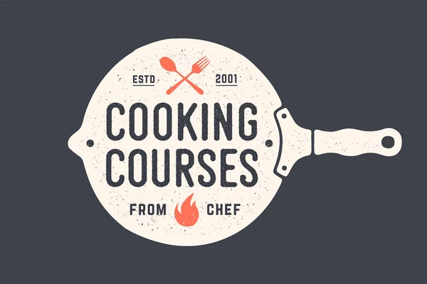 Frigideira Cozinha Logotipo Escola Culinária Com Frigideira Caligrafia Lettering Texto — Vetor de Stock