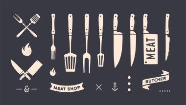Klasik grafik seti. Antika pankart, kurdele, kesme bıçağı, metin, eski moda grafik unsurlar, yemek aletleri. Restoran, bar, kafe, gıda dükkanı ve market için tasarım malzemeleri. Vektör İllüstrasyonu