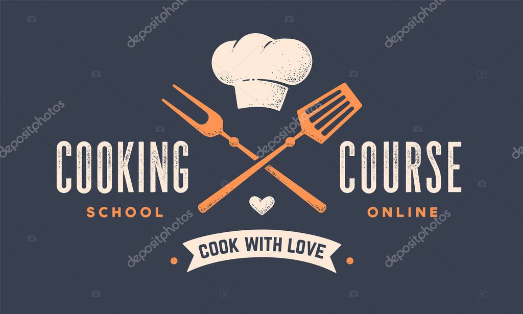 Food logo. Logo for Cooking school class with icon bbq tools, grill fork, spatula, hat chef, text typography Coocking Course. Graphic logo template for cooking cuisine course. Vector Illustration