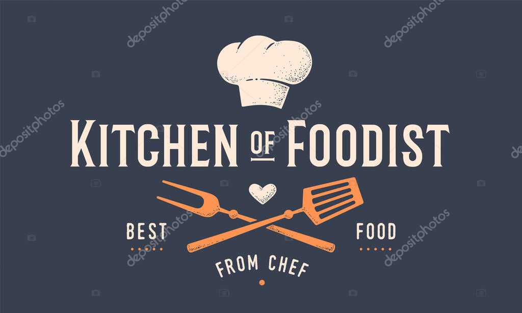 Food logo. Logo for Cooking school class with icon bbq tools, grill fork, spatula, text typography Kitchen of Foodist. Graphic logo template for cooking cuisine course. Vector Illustration