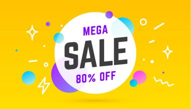 Mega Sale, konuşma balonu. Afiş, poster, metin Mega-Sale ile konuşma balonu. Geometrik memphis tarzı, afiş için mesaj satışı, poster. Patlama tasarımı, konuşma balonu. Vektör İllüstrasyonu