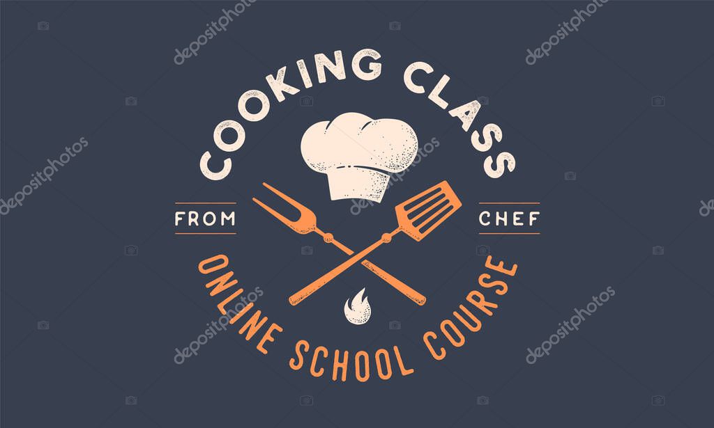Food logo. Logo for Cooking school class with icon bbq tools, grill fork, spatula, text typography Coocking Class, School, Course. Graphic logo template for cooking cuisine course. Vector Illustration