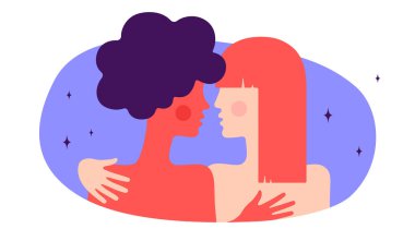Lezbiyen çift. Modern düz karakter. İki kadın birbirine sarılır, romantik aşk. Eşcinsel çiftler, özgürlük aşıkları, ilişkiler. Rengarenk modern düz grafik kavramını uygula. Vektör İllüstrasyonu