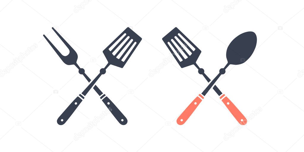 Set of grill tools. Silhouette two bbq tools, grill fork, kitchen spatula. Logo template for meat business - farmer shop, market or design - label, banner, sticker, for grill, bbq. Vector Illustration