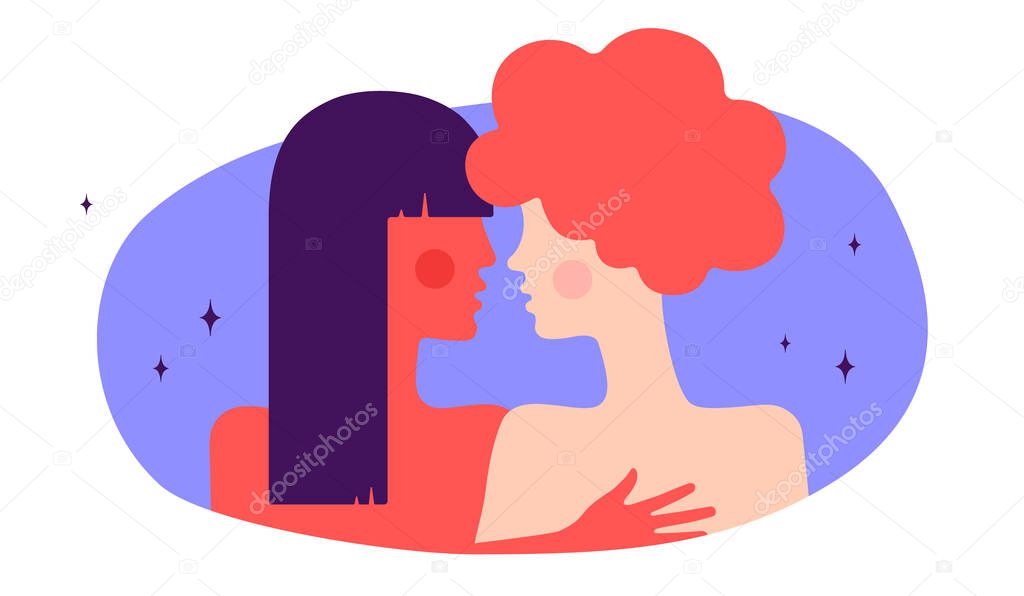 Lesbian couple. Modern flat character. Two women hug each other, romantic love. Homosexual couple freedom lovers, relationships. Concept trendy colorful modern flat graphic. Vector Illustration
