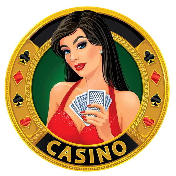 Belle jeune femme en robe de soirée tenant des cartes à jouer et un verre de champagne — Image vectorielle