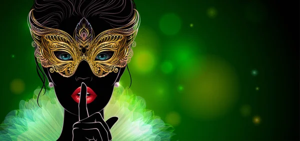 Una misteriosa dama con máscara de carnaval de oro — Vector de stock