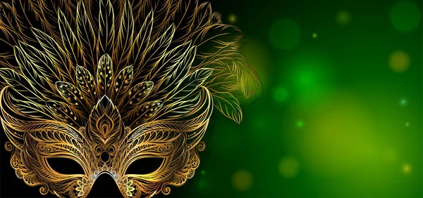 Máscara de carnaval veneciano dorado con plumas . — Vector de stock
