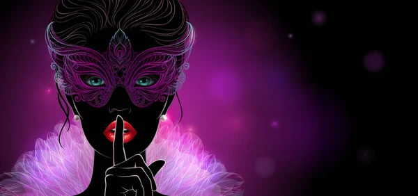 Silueta de una misteriosa dama con máscara de carnaval — Vector de stock
