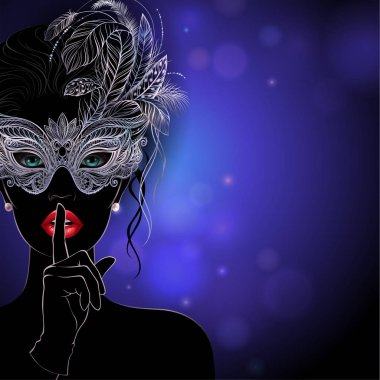 Gümüş karnaval maskesi eşarplı gizemli kadın silüeti.