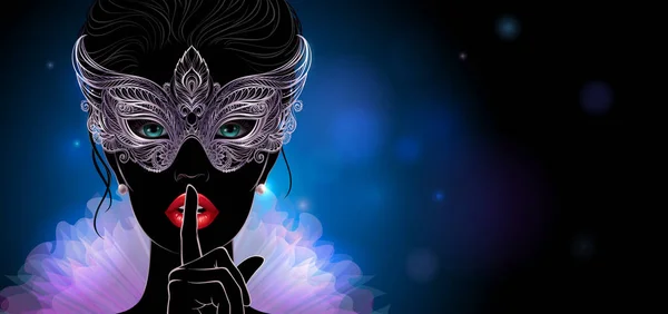 Silhouette d'une mystérieuse dame en masque de carnaval argenté — Image vectorielle