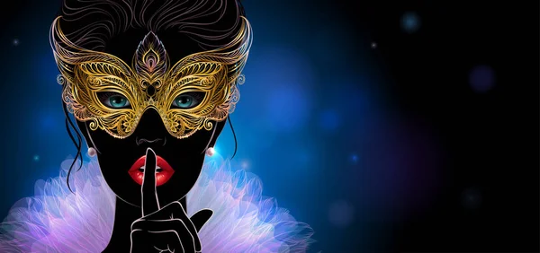 Σιλουέτα του μυστηριώδης κυρία σε Χρυσή βενετσιάνικο Καρναβάλι μάσκα. — Διανυσματικό Αρχείο