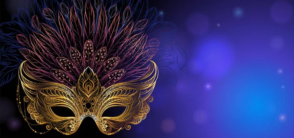 Máscara de carnaval veneciano dorado con plumas — Vector de stock