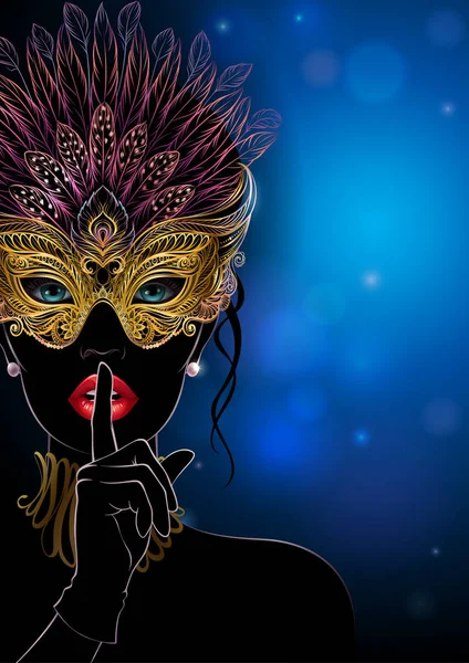 Silueta de una misteriosa dama en máscara de carnaval dorado con plumas . — Vector de stock
