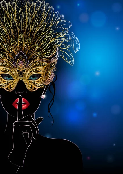 Silueta de una misteriosa dama en máscara de carnaval dorado con plumas . — Vector de stock