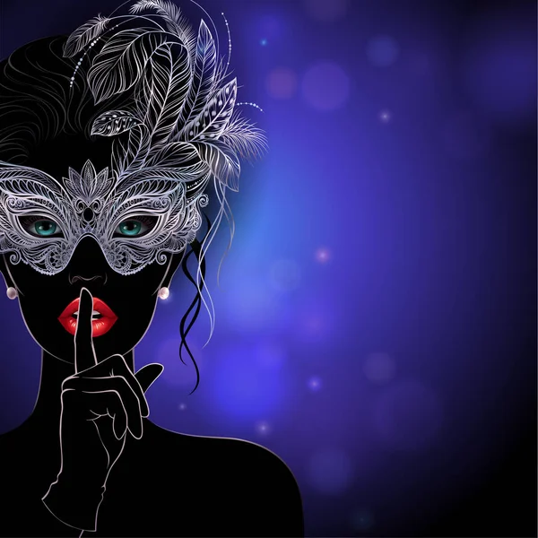 Silueta de una misteriosa dama en máscara de carnaval de plata con plumas . — Vector de stock