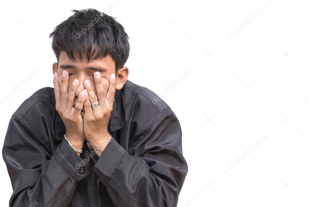 Portrait of a young man Am thinking in business on white background.