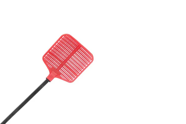 Um mata-moscas vermelho. Flyswatter vermelho único com reflexos. Objeto feito de plástico — Fotografia de Stock