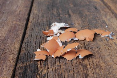 ahşap masa arka plan üzerinde dağınık yumurta kabuğunun