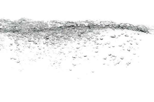 Percikan air, dan gelembung udara menunjukkan gerakan pada latar belakang putih — Stok Foto
