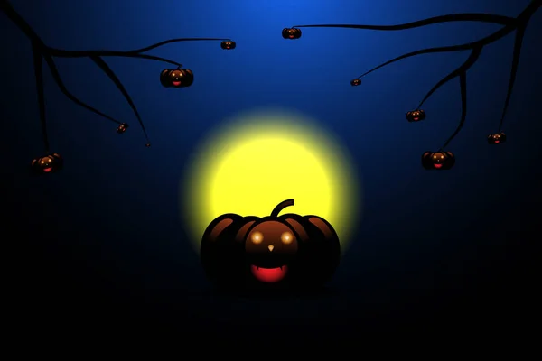 Citrouilles halloween et arbre à branches avec lune sur fond bleu, illustration vectorielle. espace ajouter du texte — Image vectorielle